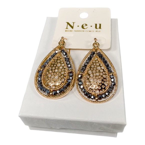 Gold Teardrop Dangle Earrings with Crystals - Picture 3 of 3